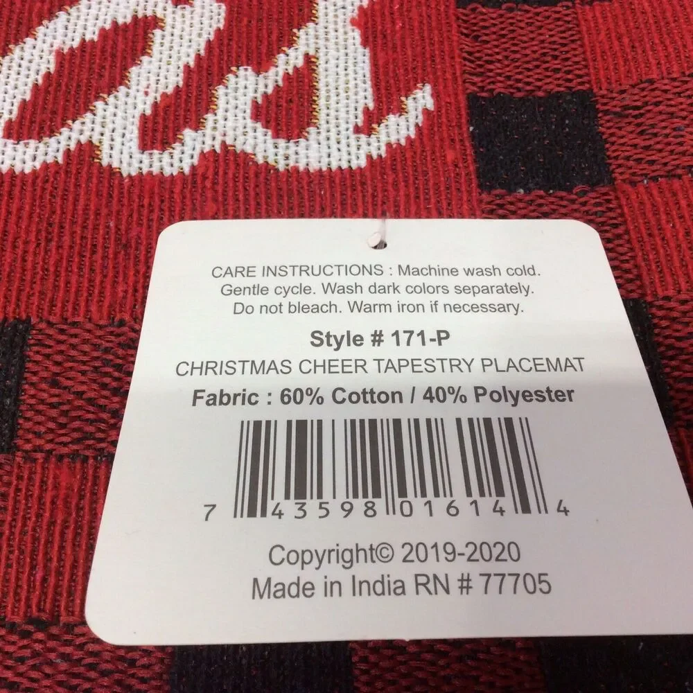 Merry Christmas Tapestry Placemats Set of 6 Red/Black Buffalo Check Farmhouse